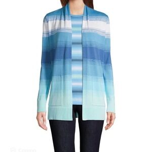 Lands End Cotton‎ Cardigan Blue Ombre Stripe Open Front Sweater Size Large